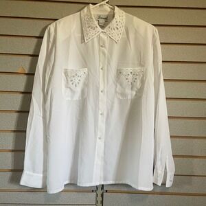 Vintage Joanna White Blouse Long Sleeve Button Down Embroidered Collar Pockets L